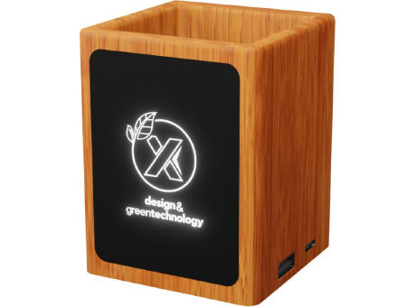 SCX.design O12 Stifthalter aus Holz mit doppeltem USB-Ausgang und Leuchtlogo