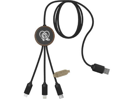 SCX.design C36 3-in-1 rPET erweitertes Ladekabel mit Leuchtlogo in rundem Bambusgehäuse