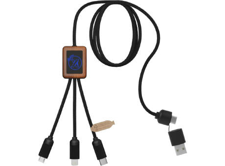 SCX.design C38 40W 5-in-1 Ladekabel aus rPET in quadratischem Bambusgehäuse mit Leuchtlogo