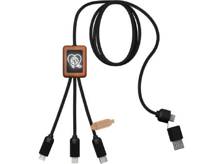 SCX.design C38 40W 5-in-1 Ladekabel aus rPET in quadratischem Bambusgehäuse mit Leuchtlogo