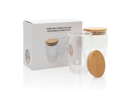 2-tlg Set Borosilikatgläser mit Bambusdeckel 350ml