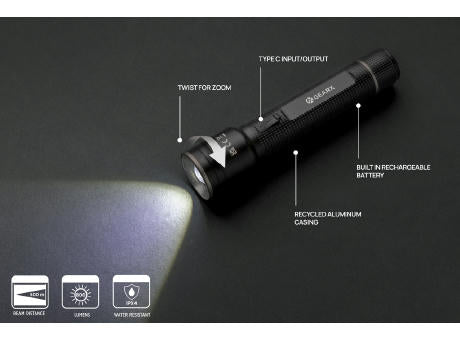 Große Gear X Taschenlampe aus RCS recycelt. Alu mit USB-Akku