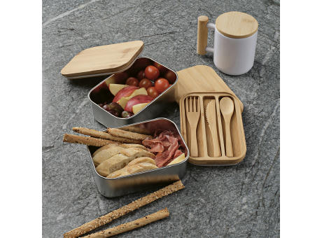 Vermeer Lunchbox, rec.Edelstahl, 1480 ml, mit Bambusdeckel und integriertem Besteck