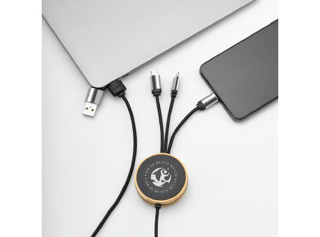Feynman 5-in-1 Kabel aus Bambus und rPET. Mit hinterleuchtetem Logo